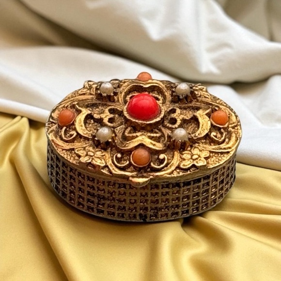Vintage Orange Bead and Faux Pearl Studded Micro Pill Box Italian Inspired - Picture 1 of 7
